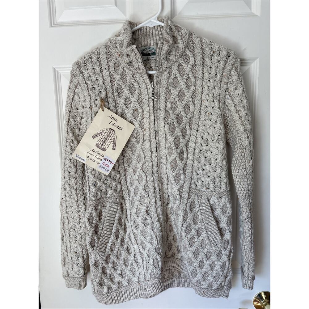 Aran Crafts Cable Sweater Irish Full Zip Cardigan Donegal Merino Wool sz M New